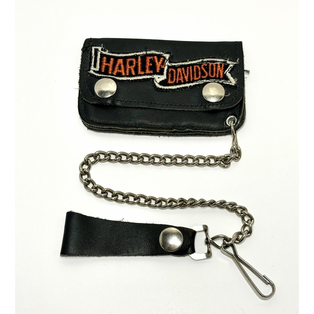 Vtg 80s Harley Davidson Leather Chain Wallet Black Biker Trucker Banner Patch